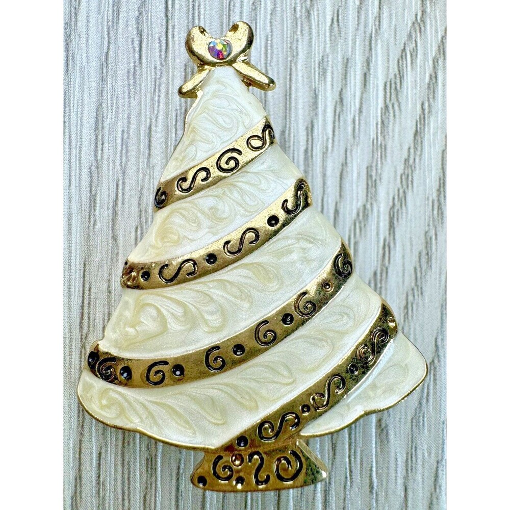 Kenneth Cole White Christmas Tree Brooch Enamel Gold Tone Holiday Pin KC Signed